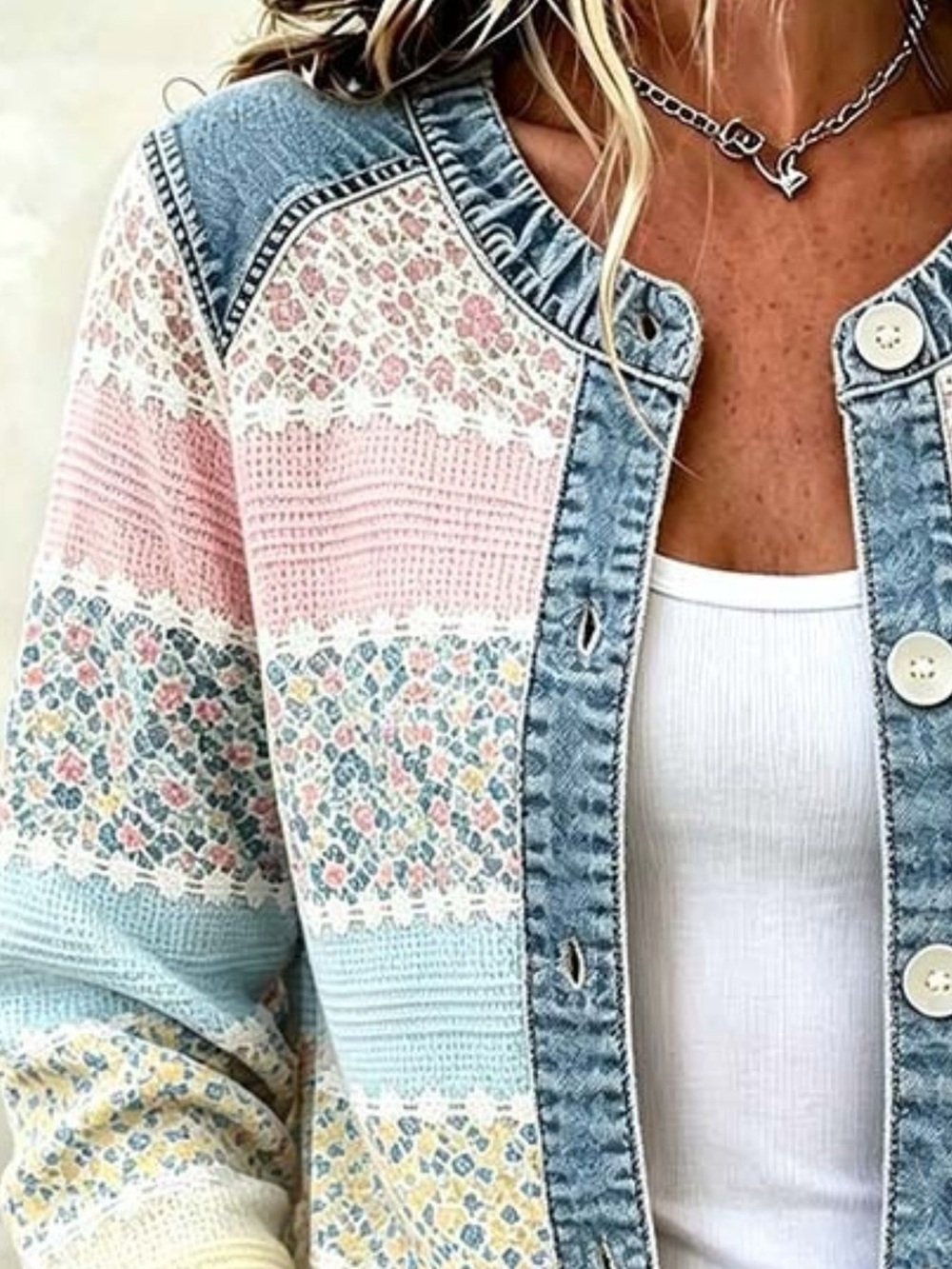 Full Size Floral Patchwork Denim Trim Jacket Plus Size - Picture 2 of 4